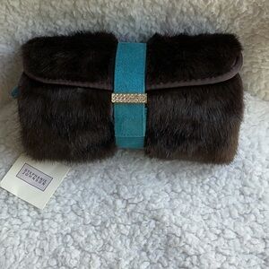 NWT Stephanie Johnson Brown Faux Fur and Teal Blue Travel Bag